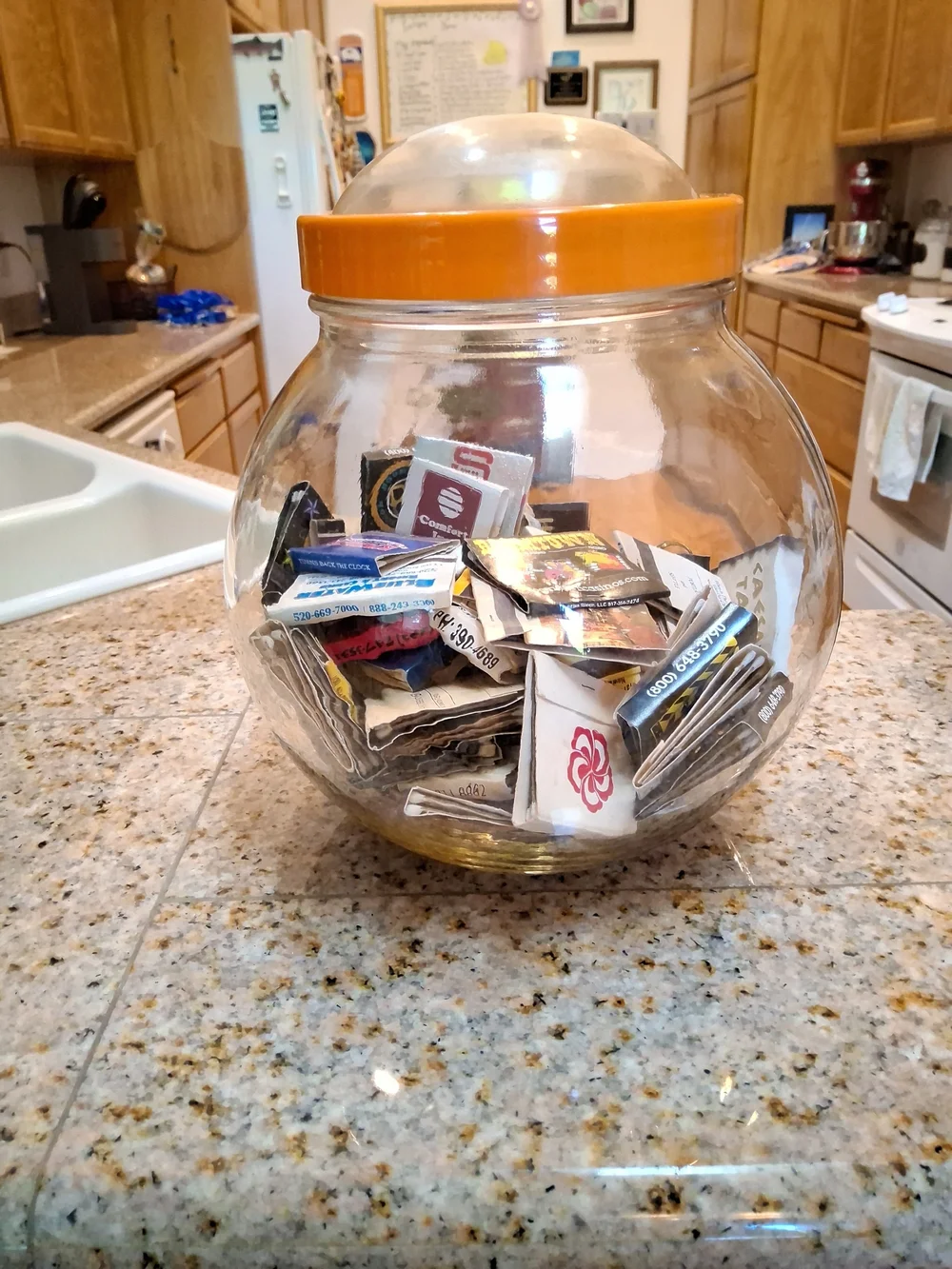 70's Bubble Glass Jar w/Plastic Orange Screw Bubble Lid w/60+ Vintage MatchBooks